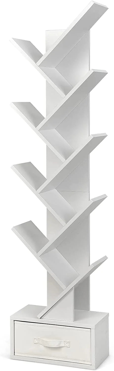 White Wooden Bookcase with Drawer, 10 Shelves H3966