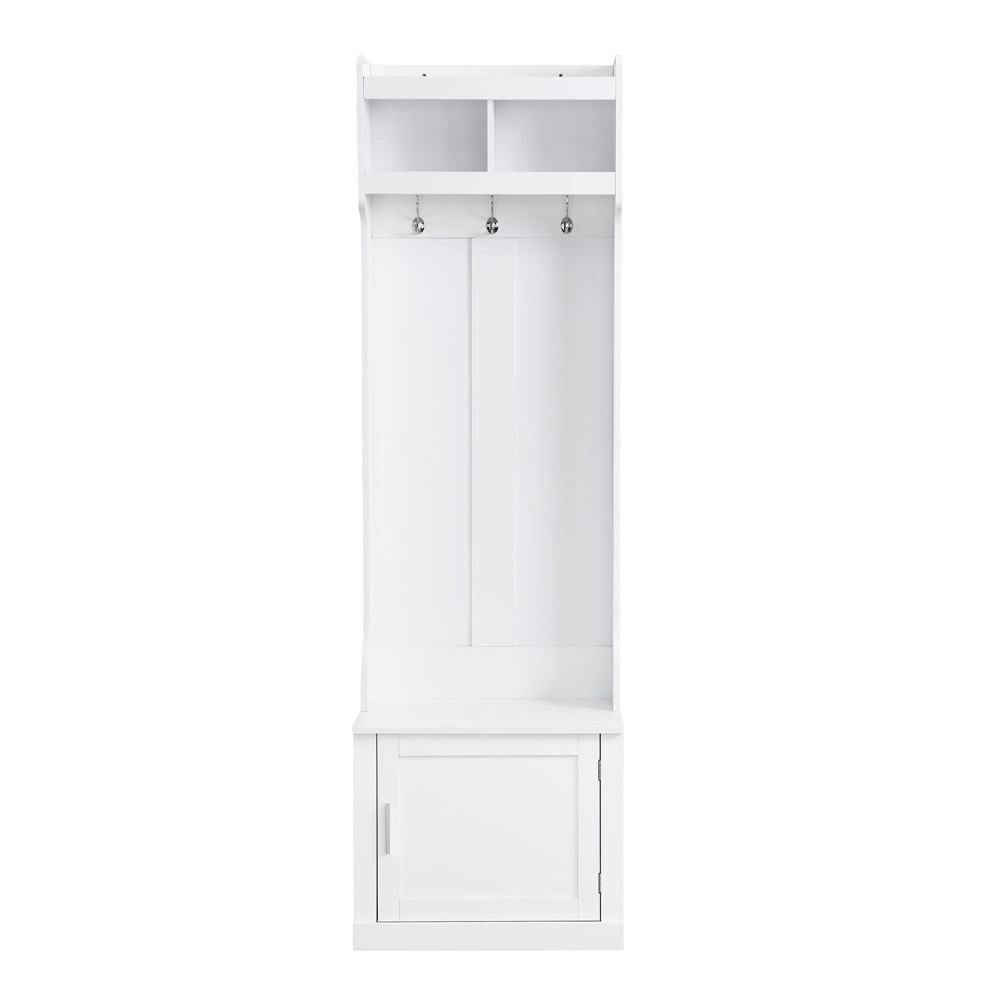 Minimalist Hall Tree with Cabinet & 6 Hanging Hooks, Storage Bench with Coat Rack, White F392546