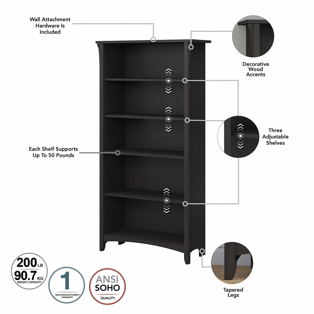 Tall 5 Shelf Bookcase, Set of 2, Vintage Black Y50012