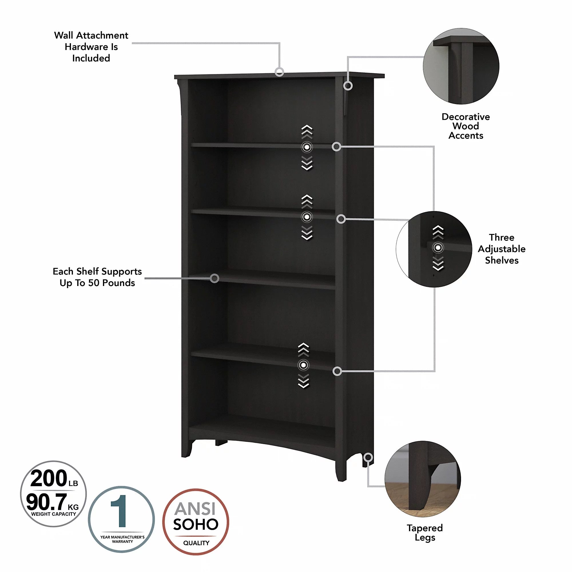 Tall 5 Shelf Bookcase, Set of 2, Vintage Black Y50012