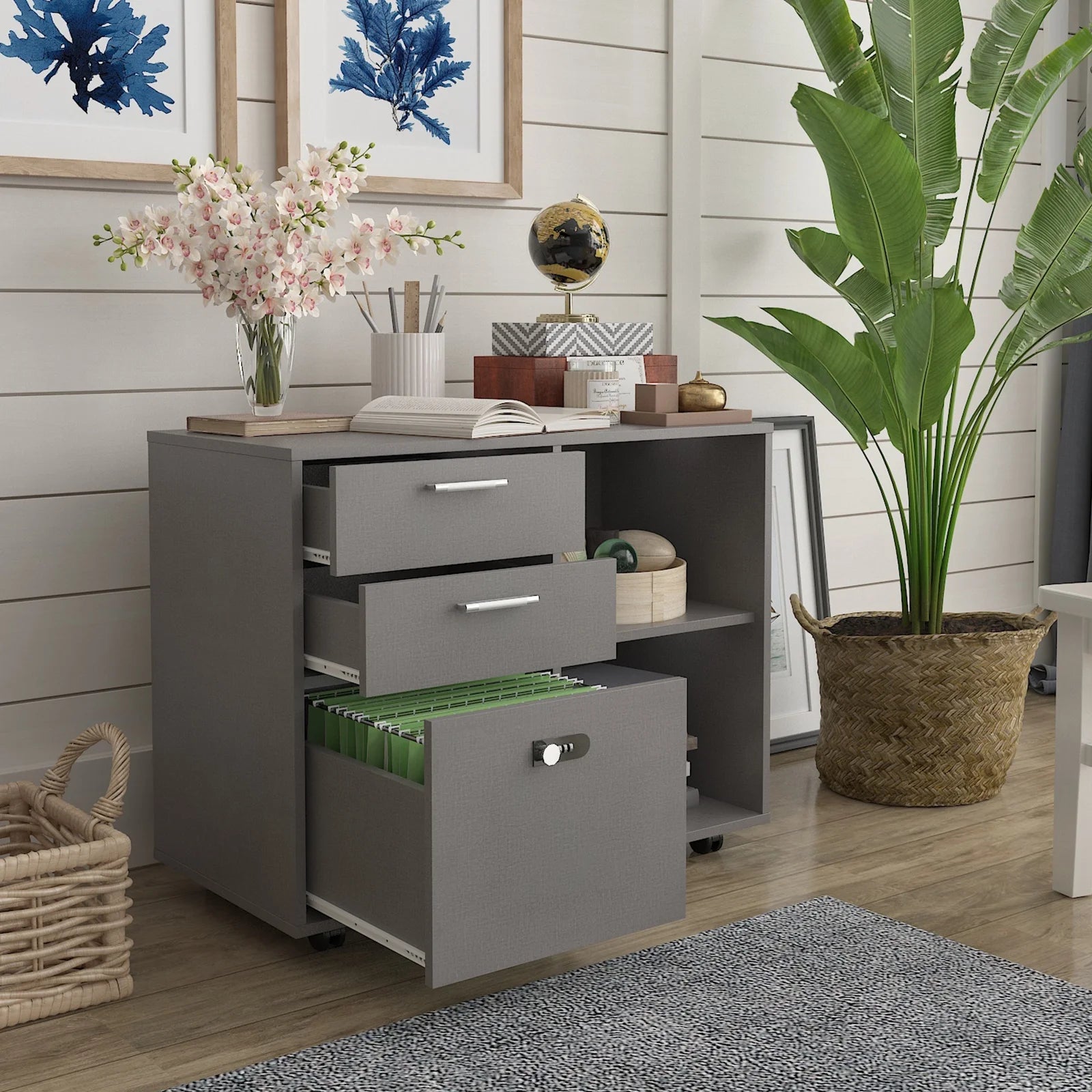 Wood File Cabinet with Lock, Mobile Lateral Filing Cabinet, Printer Stand S51832