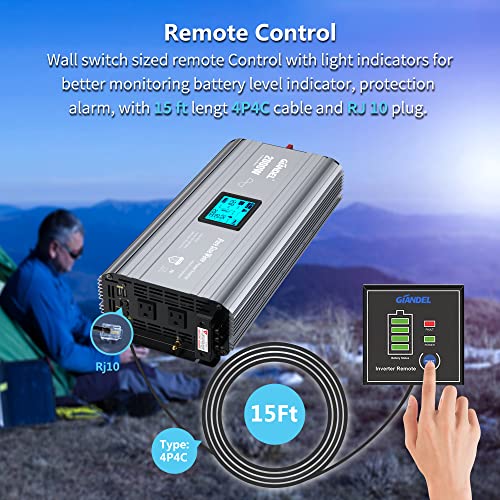 2000W Pure Sine Wave Power Inverter DC 12V to AC 120V with LCD Display and Remote Controller U48008