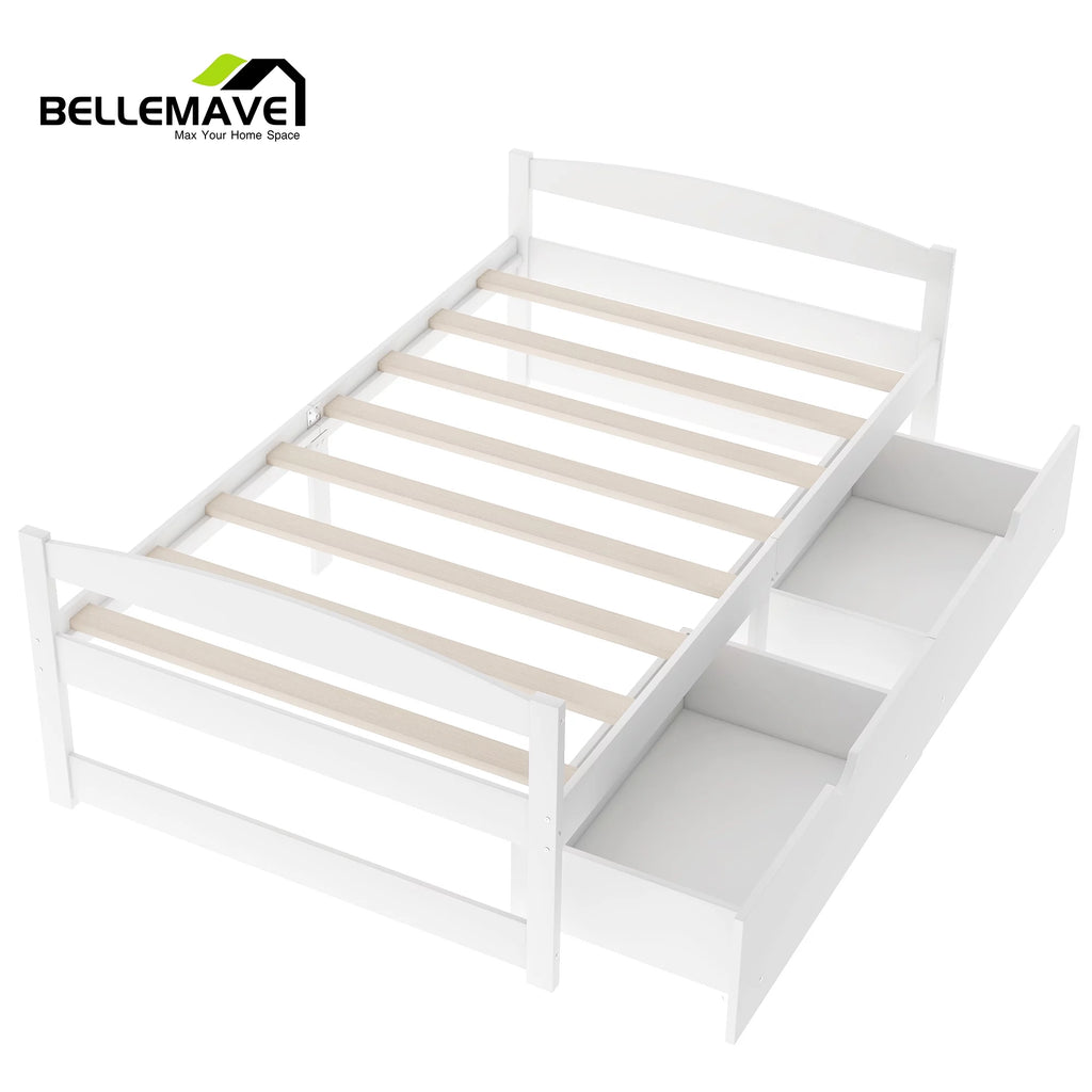White Twin Size Platform Bed with 2 Drawers Y907384