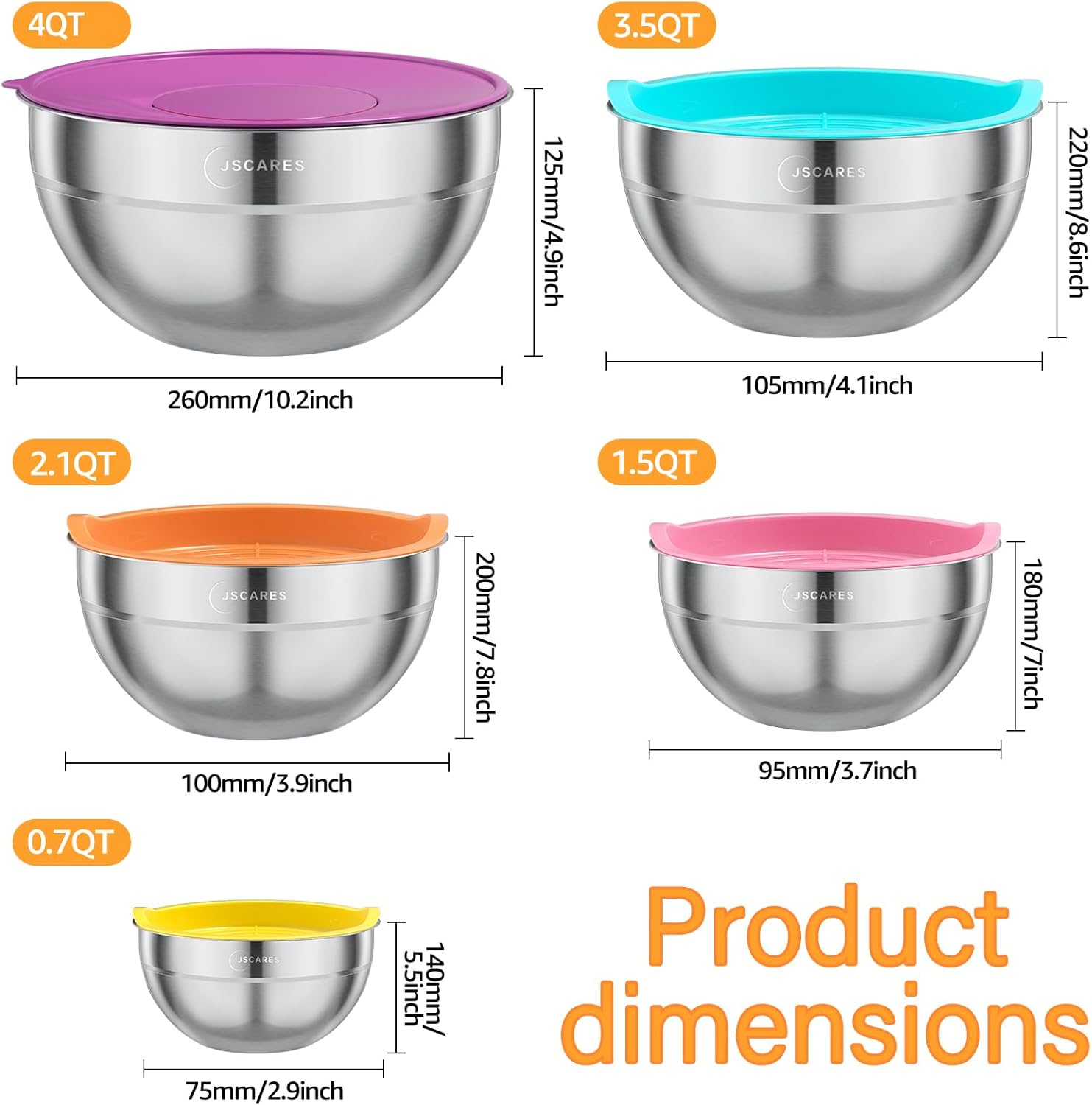 Mixing Bowls with Lids, 5 Piece Stainless Steel, Stackable, Airtight C308674