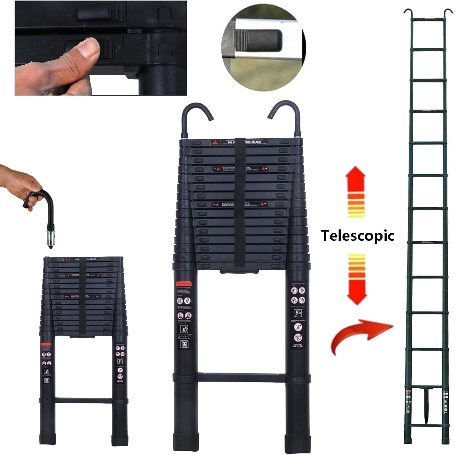 Aluminum Telescoping Ladder with Detachable Roof Hooks, 20 FT, Lightweight D360