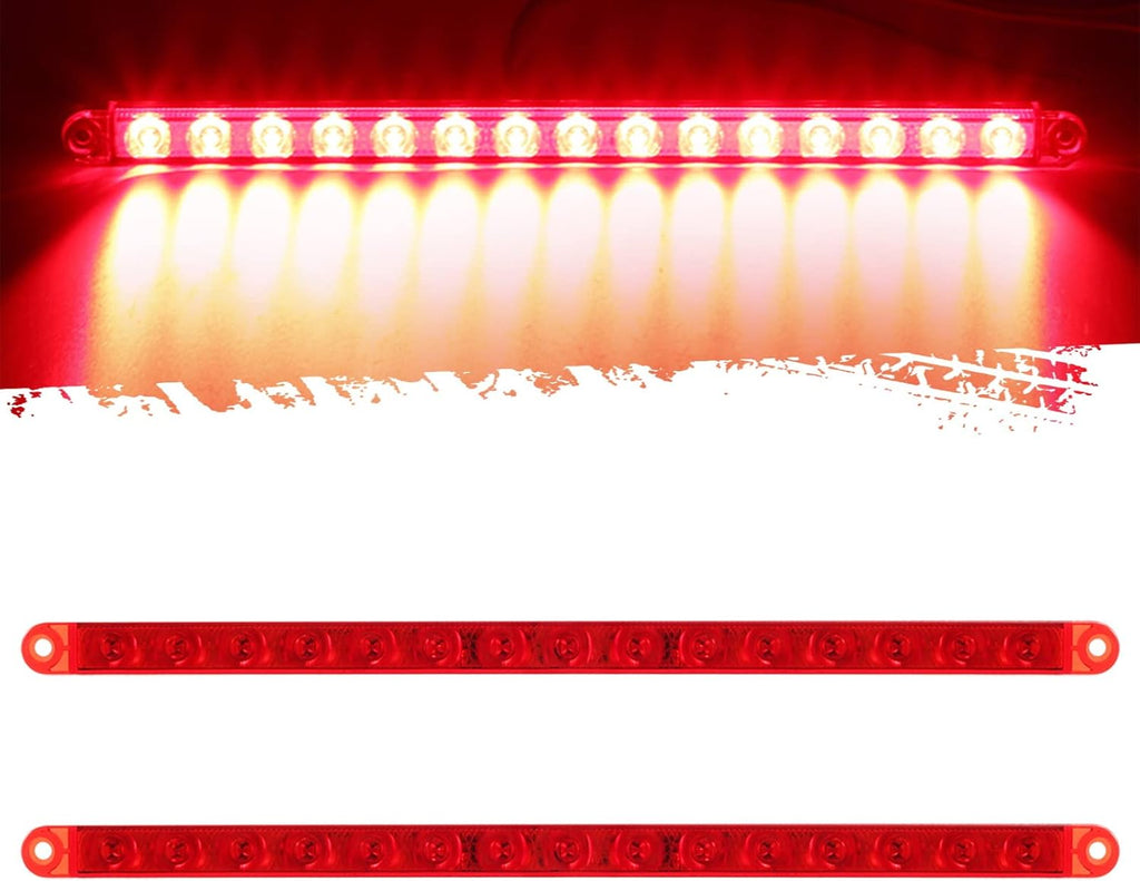 Partsam 2Pcs 12" 15 LED Red Led Trailer Truck Identification Light Bar Waterproof Sealed Thin Stop/Turn/Tail ID Marker Third 3rd Brake Light Strip bar for Trucks Trailers RV Surface Mount