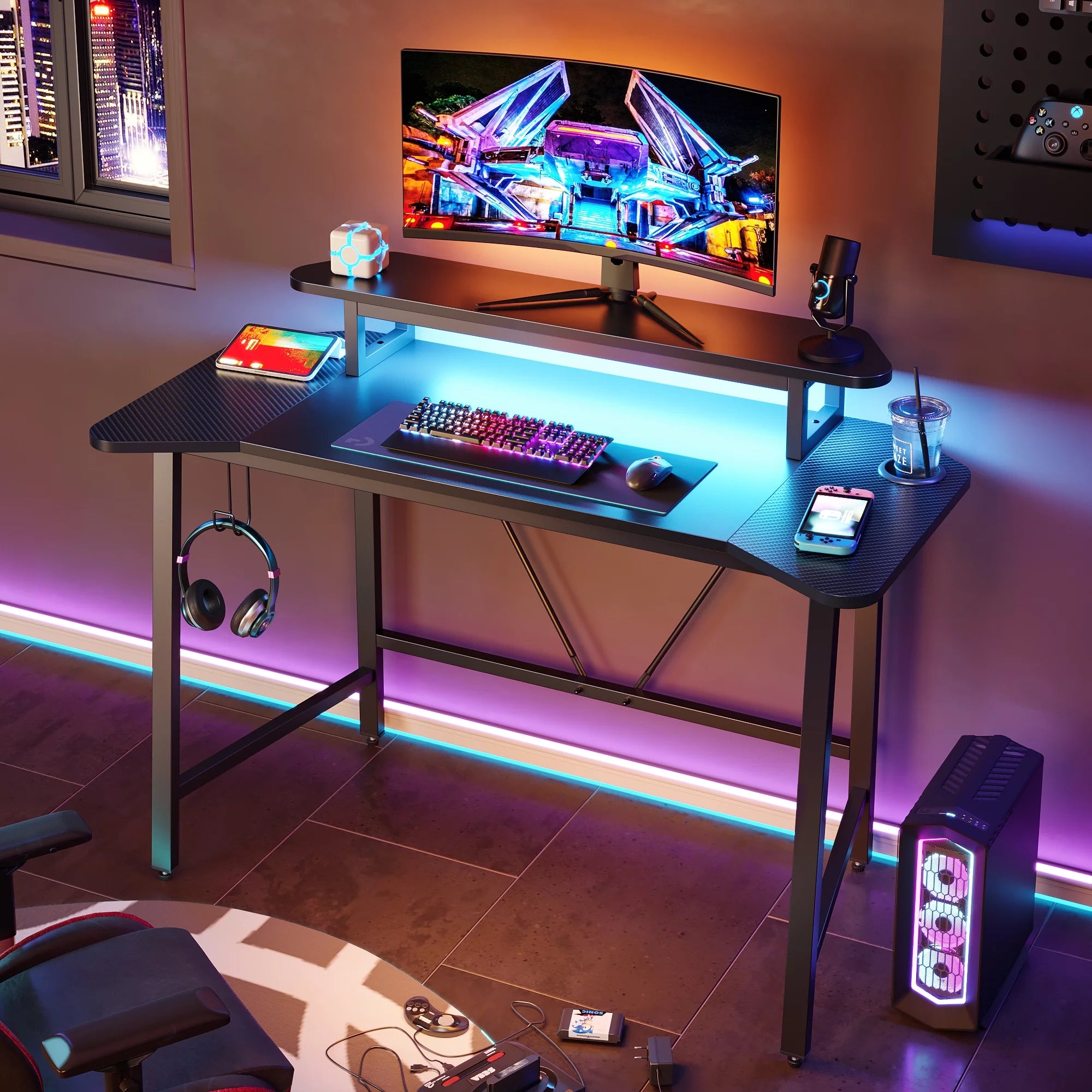 Gaming Desk 50 Inch with LED Lights and Monitor Stand C4904