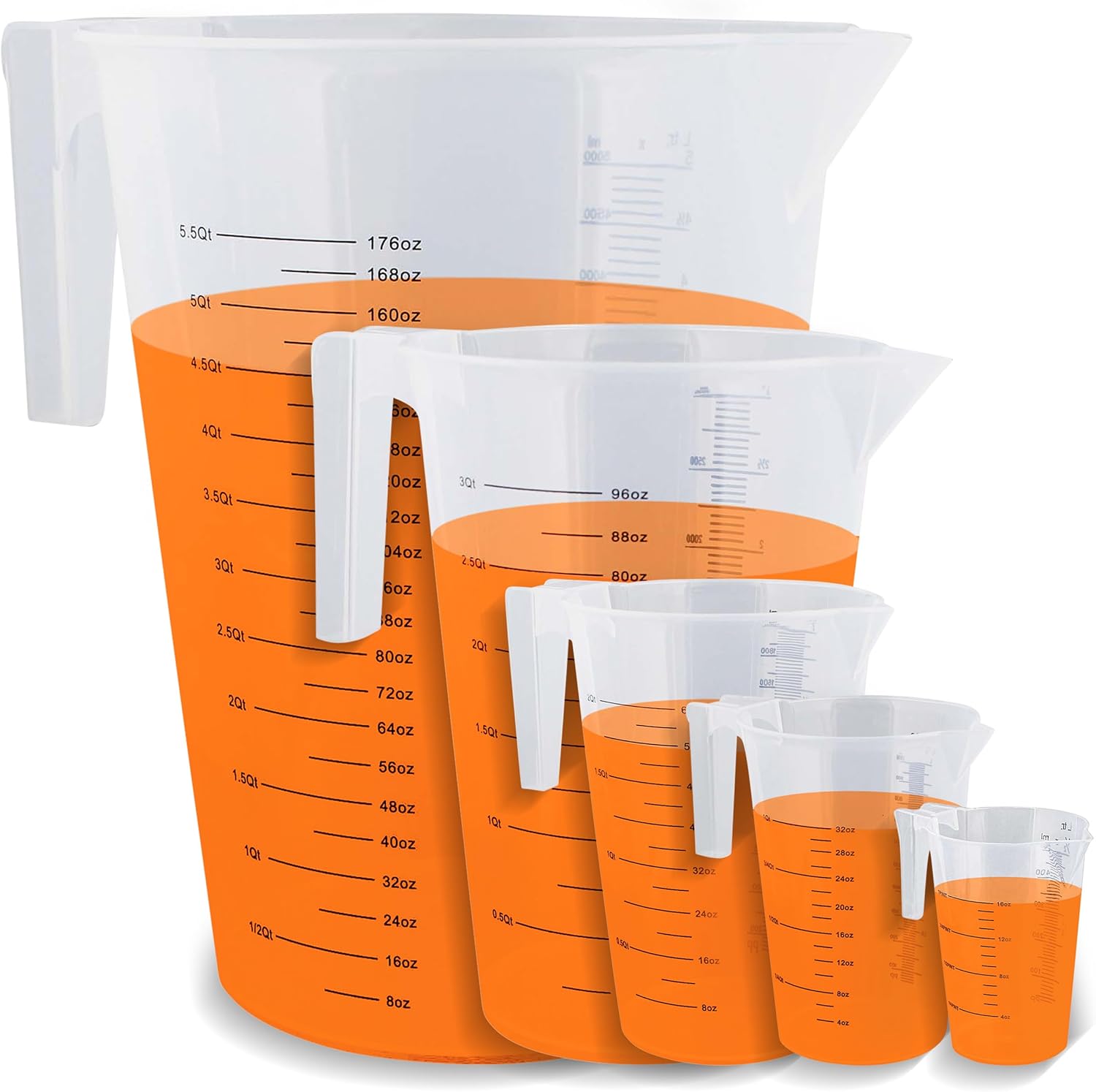 ABN 5 Piece Set of Graduated Paint Mixing Pitchers Quart and Gallon Sized Mixing Cups - 5000 ml, 3000 ml, 2000 ml, 1000 ml, 500 ml Plastic Mixing Cups for Paint, Resin, Epoxy and Home Kitchen and