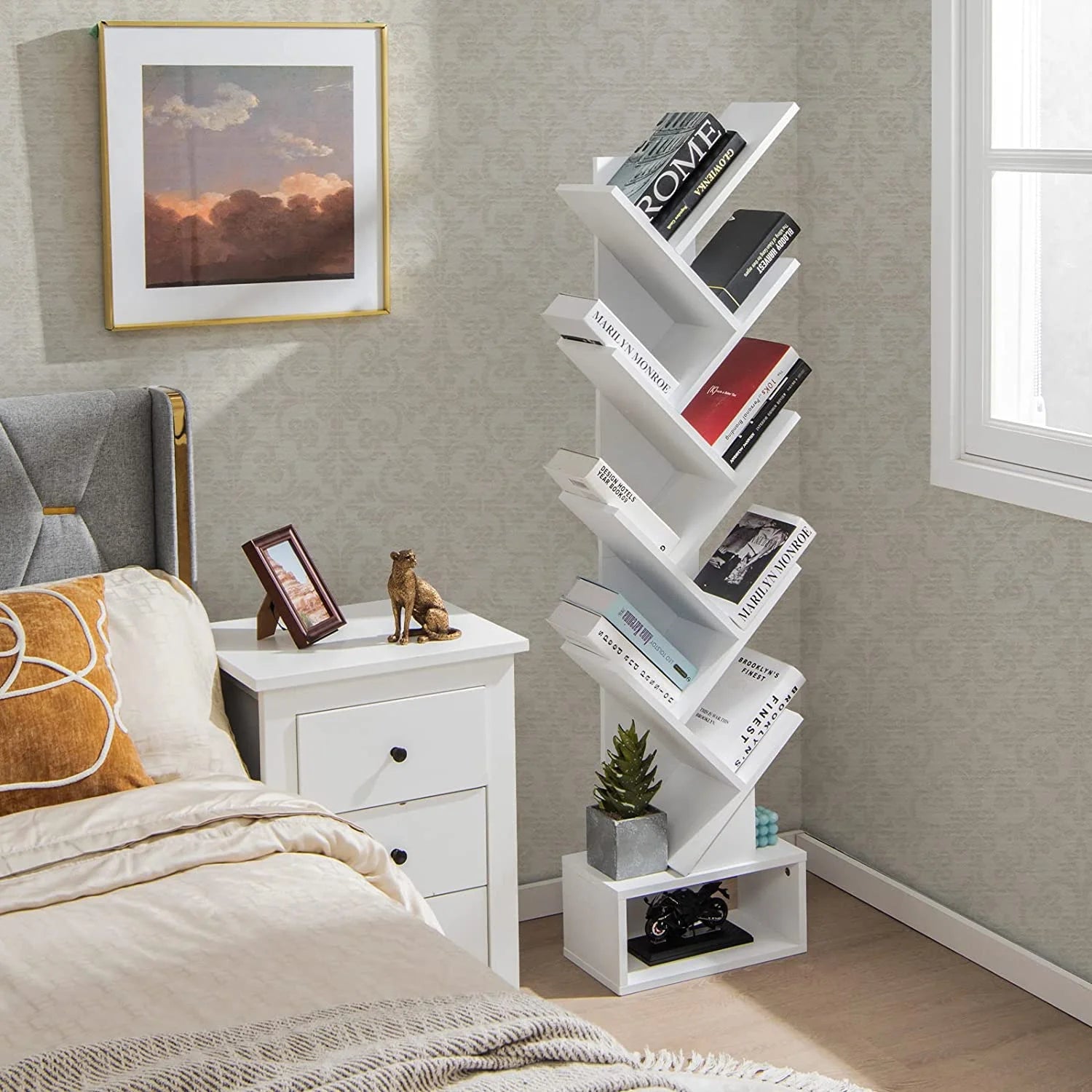 White Wooden Bookcase with Drawer, 10 Shelves H3966