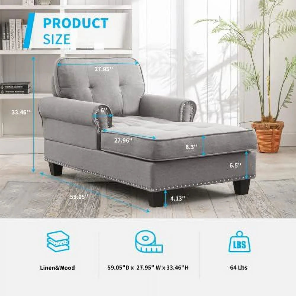 Linen Chaise Lounge Sofa Bed with Tufted Back for Small Spaces A879711