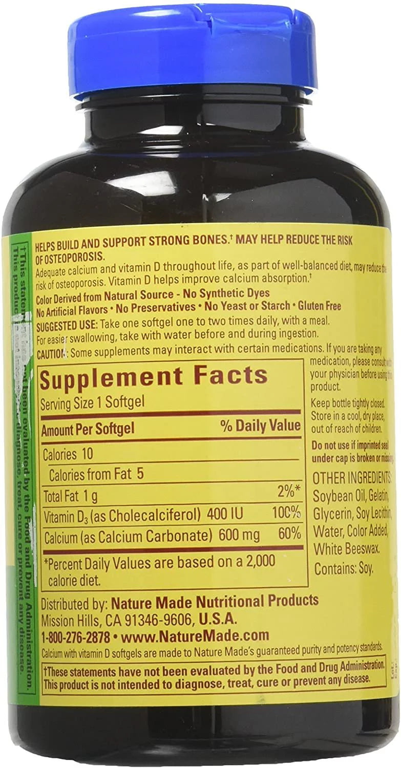 Calcium 600 mg with Vitamin D Liquid Softgels, 100 Count (Pack of 4) O547314