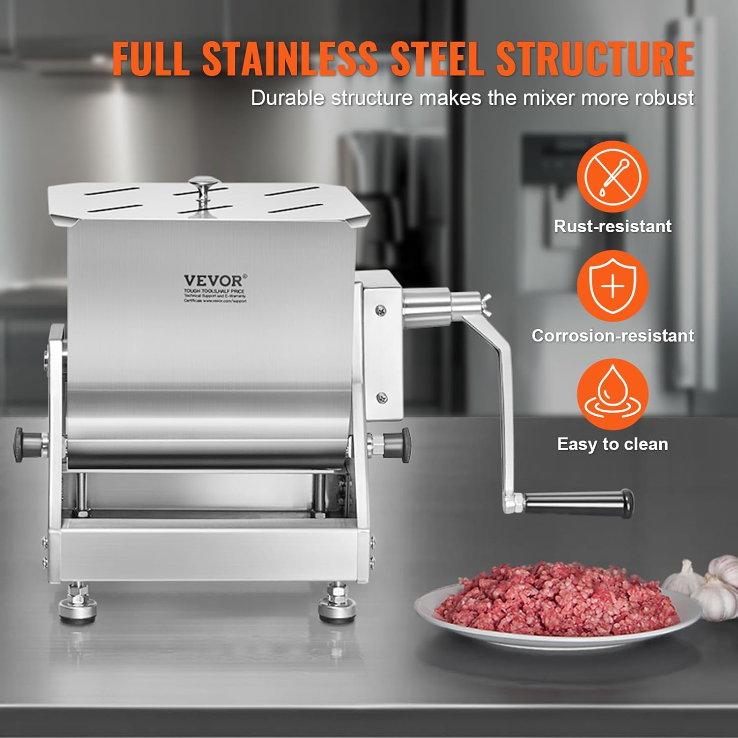 Manual Meat Mixer, 30 lb Capacity, Stainless Steel with Lid and Handle O568