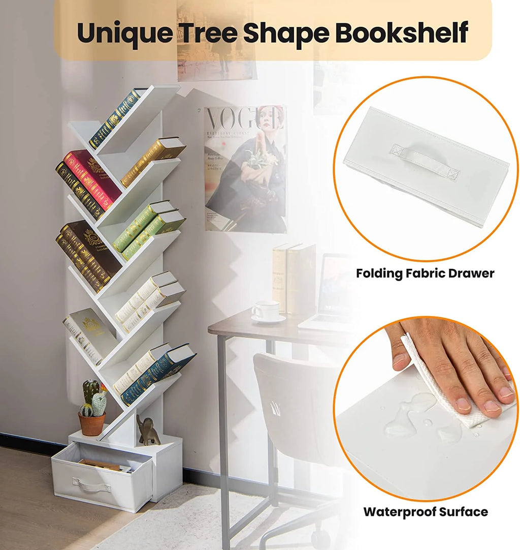 White Wooden Bookcase with Drawer, 10 Shelves H3966