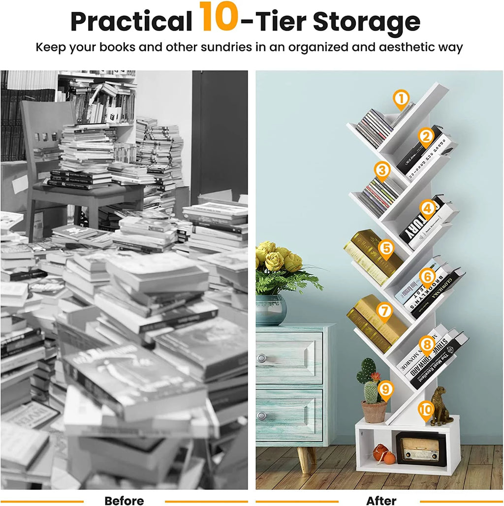 White Wooden Bookcase with Drawer, 10 Shelves H3966