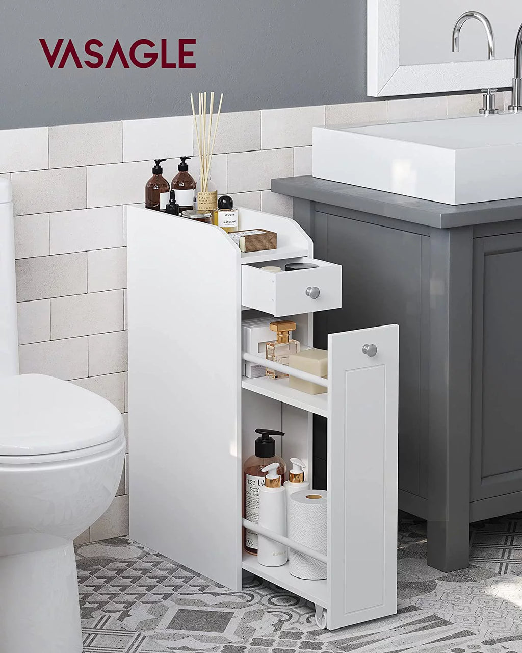 Small Bathroom Storage Cabinet with Slide Out Drawers, White S16404