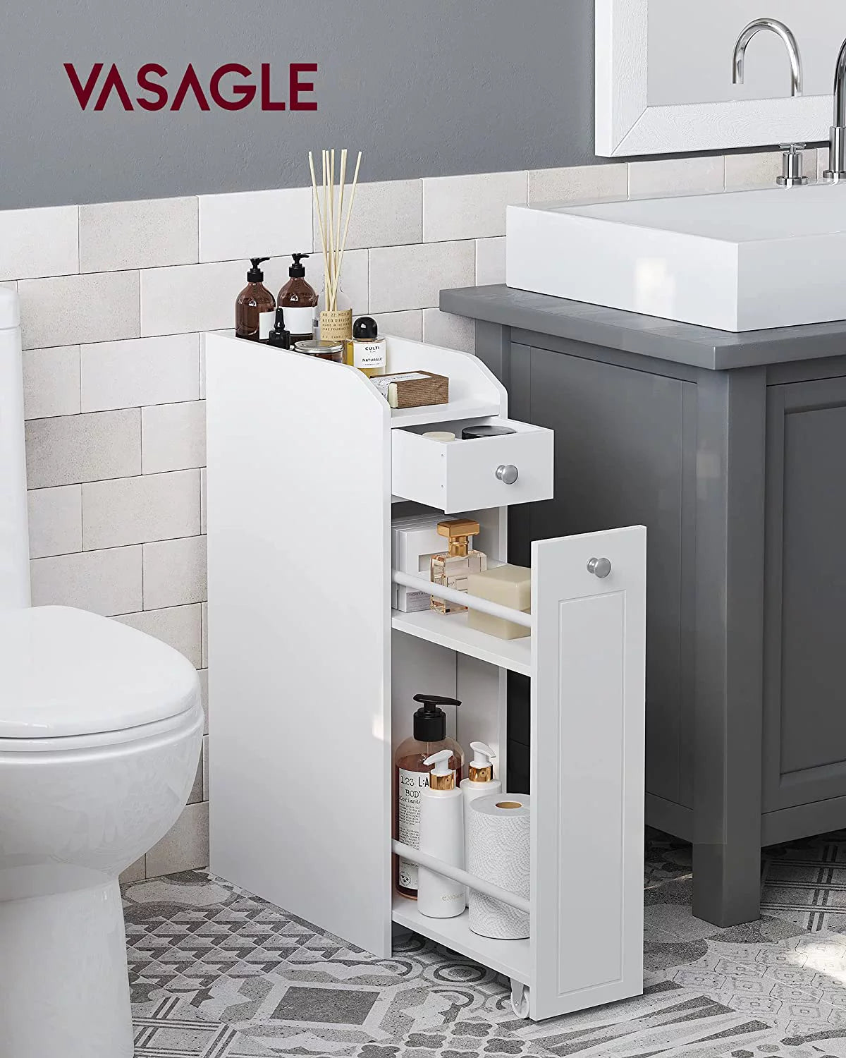 Small Bathroom Storage Cabinet with Slide Out Drawers, White S16404