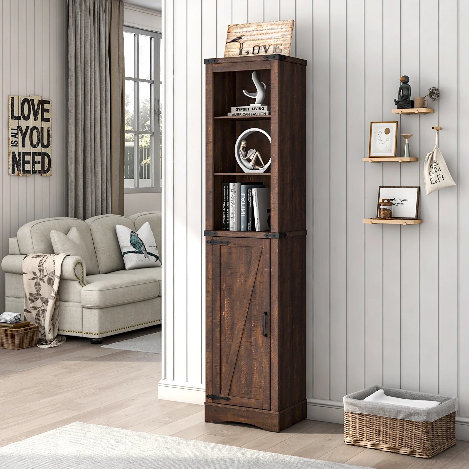 Farmhouse Storage Cabinet, 5-Shelf Tall Bathroom Organizer with Barn Door, Brown D6816