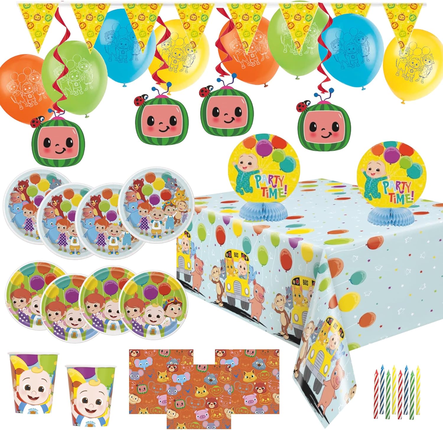 CoComelon Birthday Party Supplies | CoComelon Party Decorations for Girls or Boys | 1st or 2nd Birthday Theme | Decoration Kit, Balloons, Tablecloth, Plates, Napkins, Candles | Serves 16 Guests