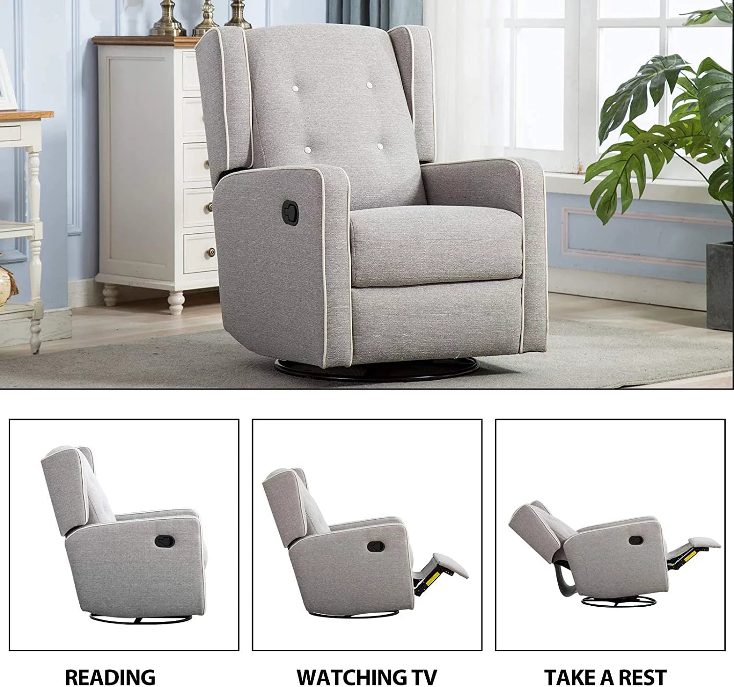 Swivel Rocker Recliner Chair, Manual Reclining, Single Seat, Gray O1480