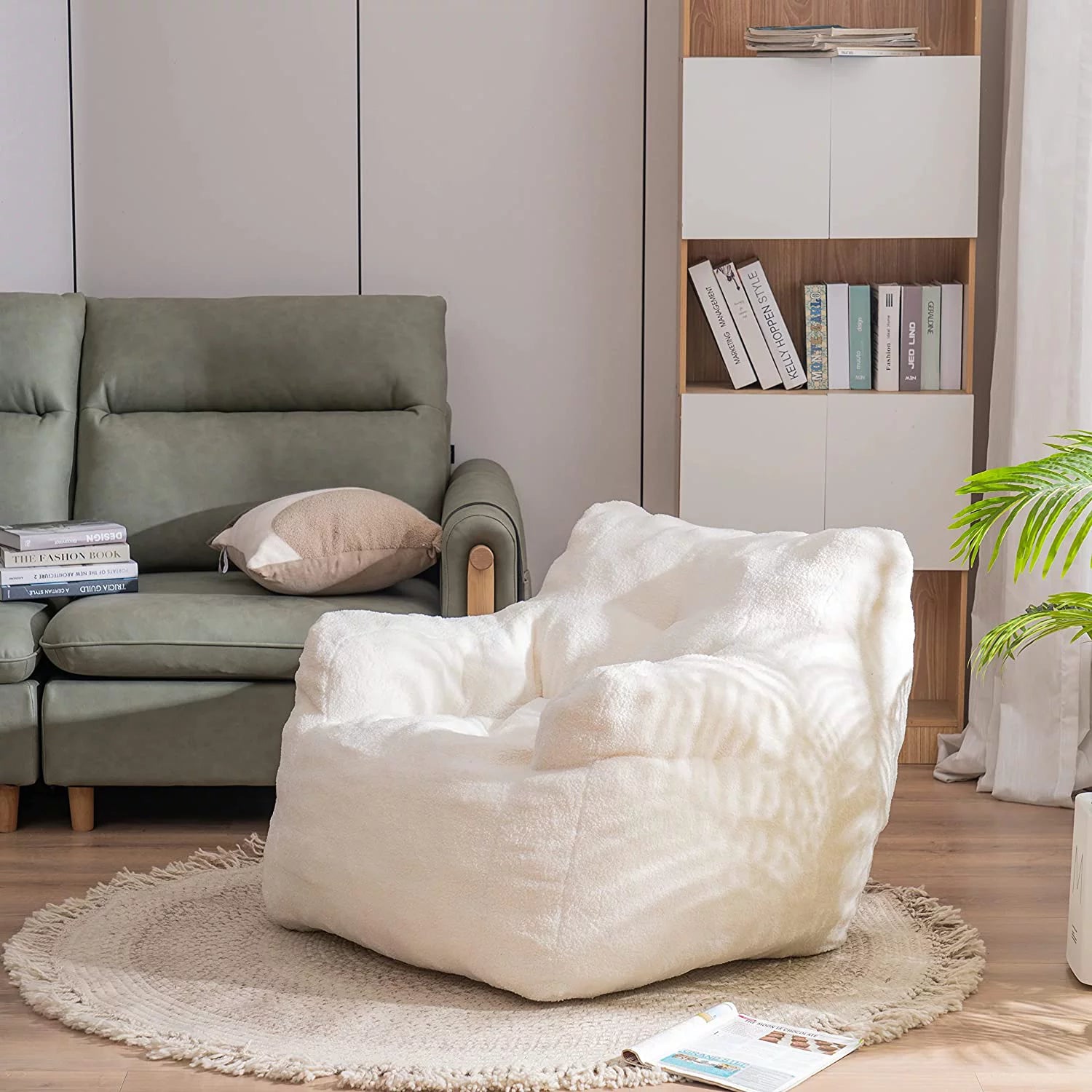 Soft Tufted Foam Bean Bag Chair for Adults, Fluffy Lazy Sofa with Teddy Fabric, Comfy Couch for Bedroom and Living Room B78327