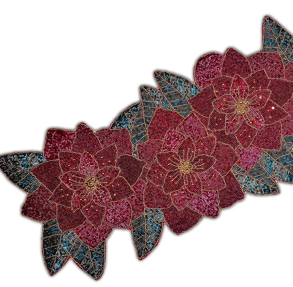 Beaded Christmas Floral Table Runner 13x36 Inch V80688