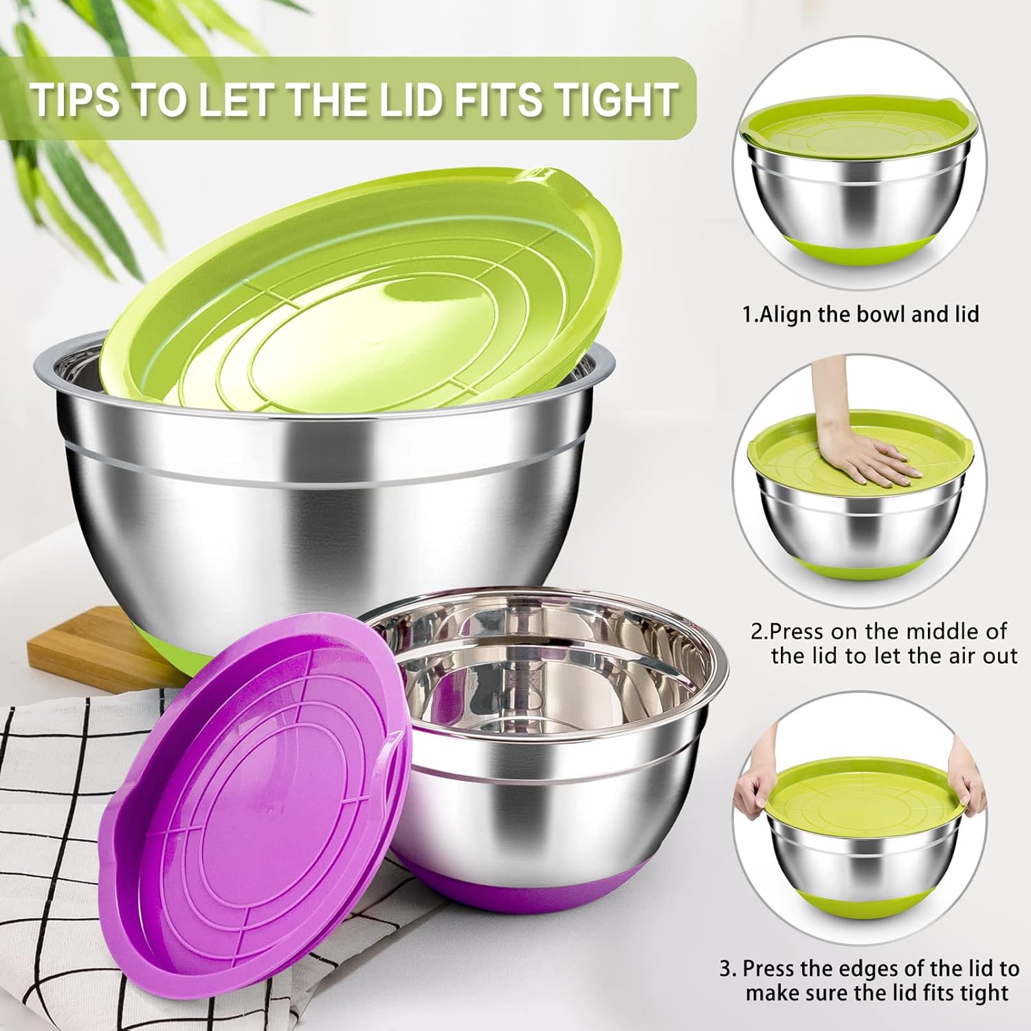 Stainless Steel Mixing Bowls with Airtight Lids, Nesting & Stackable, Set of 6 E712