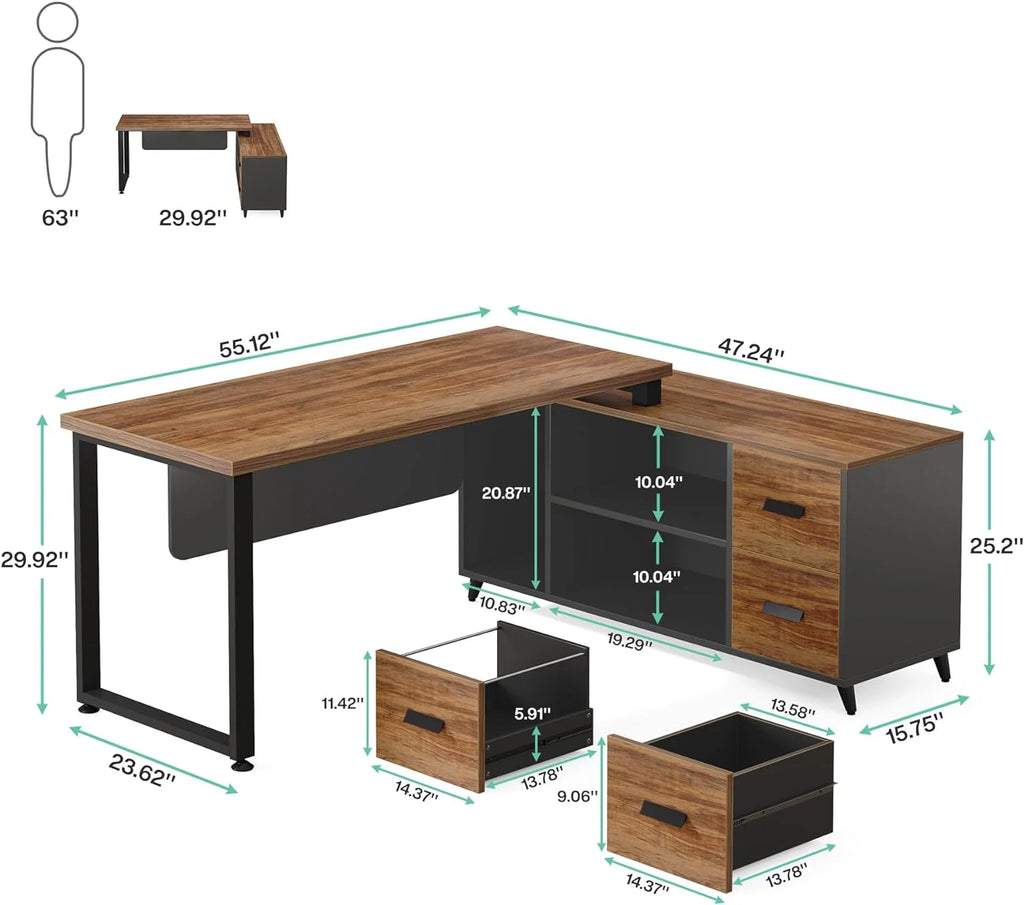 L Shaped Desk with File Drawer, 55 Inch Office Desk H4557
