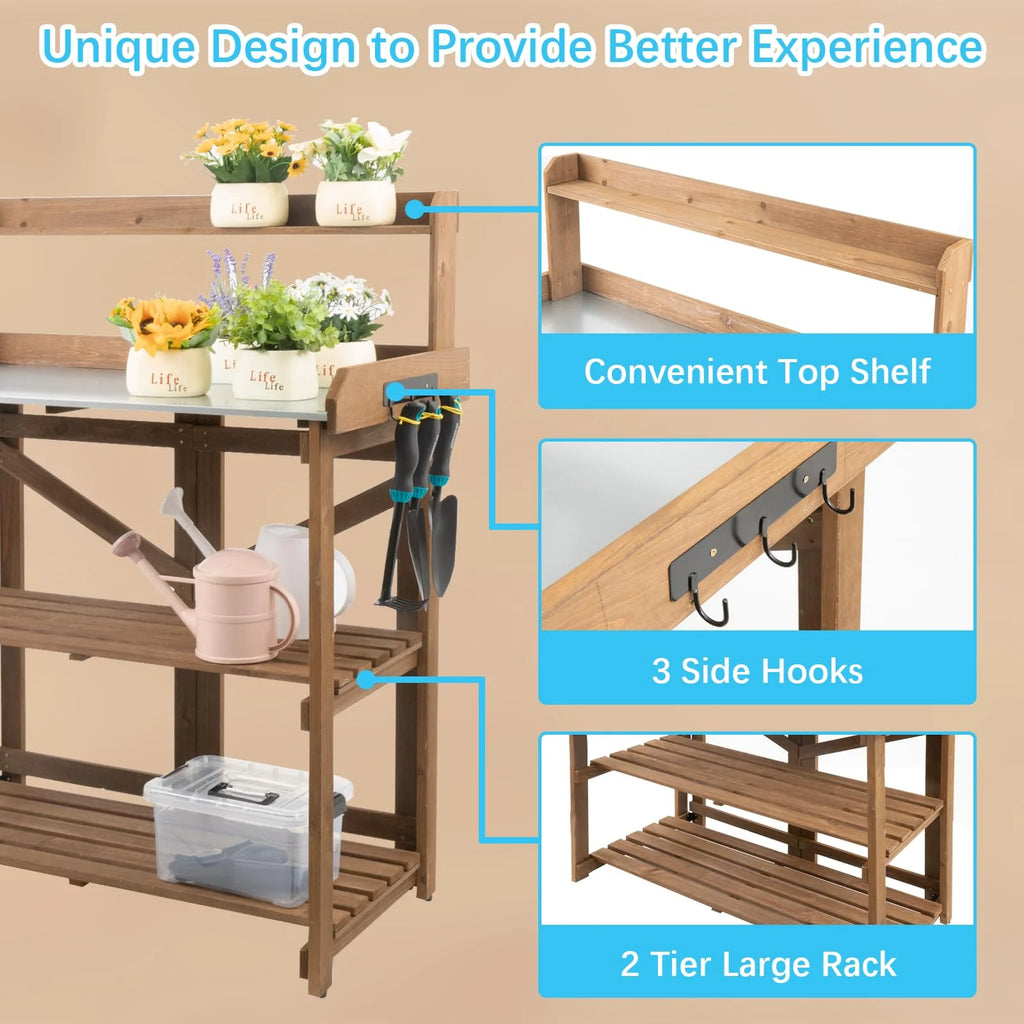 Folding Potting Bench Table Outdoor Garden Wooden Workstation with Galvanized Tabletop M711