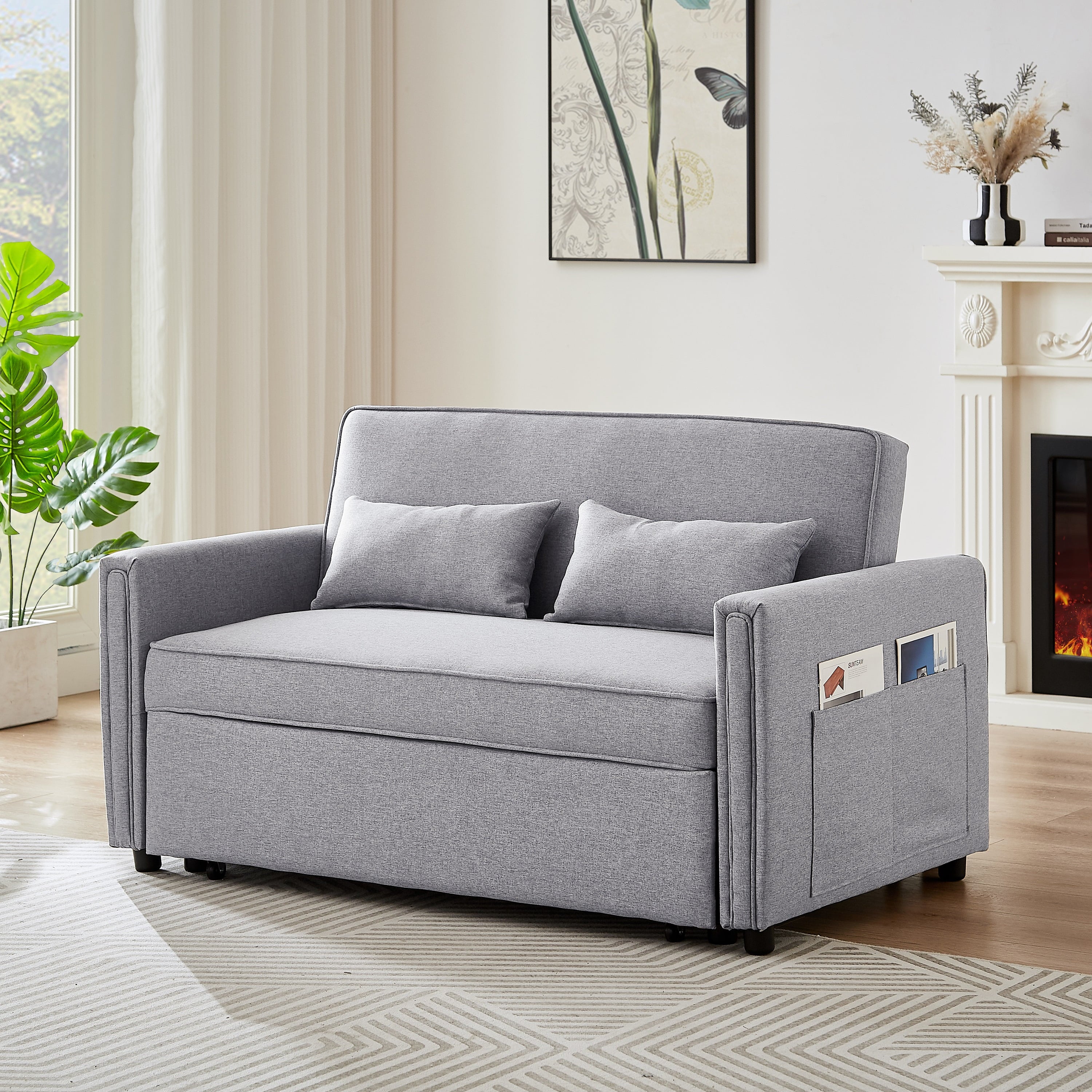 Sleeper Sofa Bed, 54" Modern Convertible Pull Out Couch Loveseat - Gray W4146