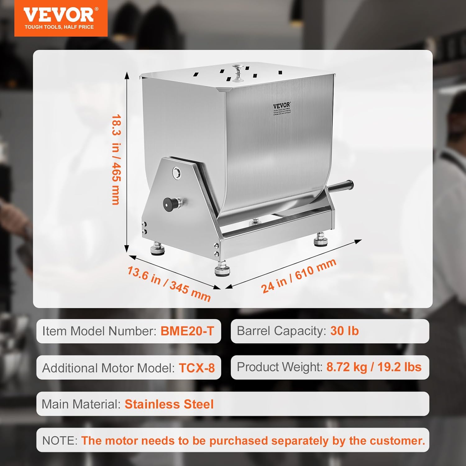 Manual Meat Mixer, 30 lb Capacity, Stainless Steel with Lid and Handle O568