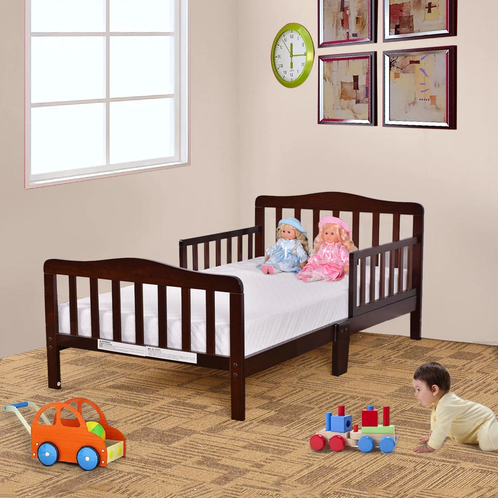 Toddler Wood Bed Frame with Safety Rail Fence O98459