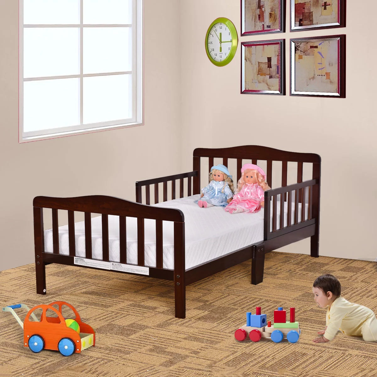 Toddler Wood Bed Frame with Safety Rail Fence O98459