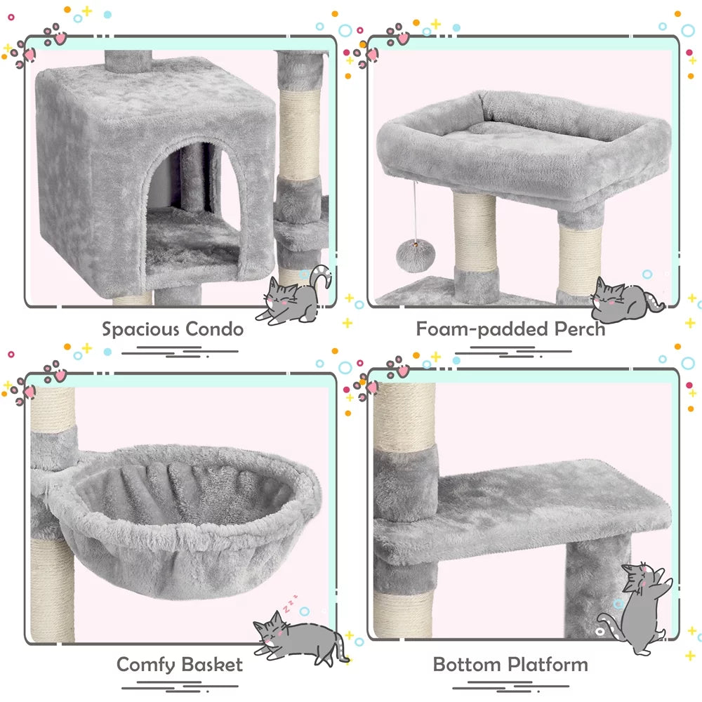 Cat Tree with Condo Perch Basket and Scratchers, Light Gray H7967
