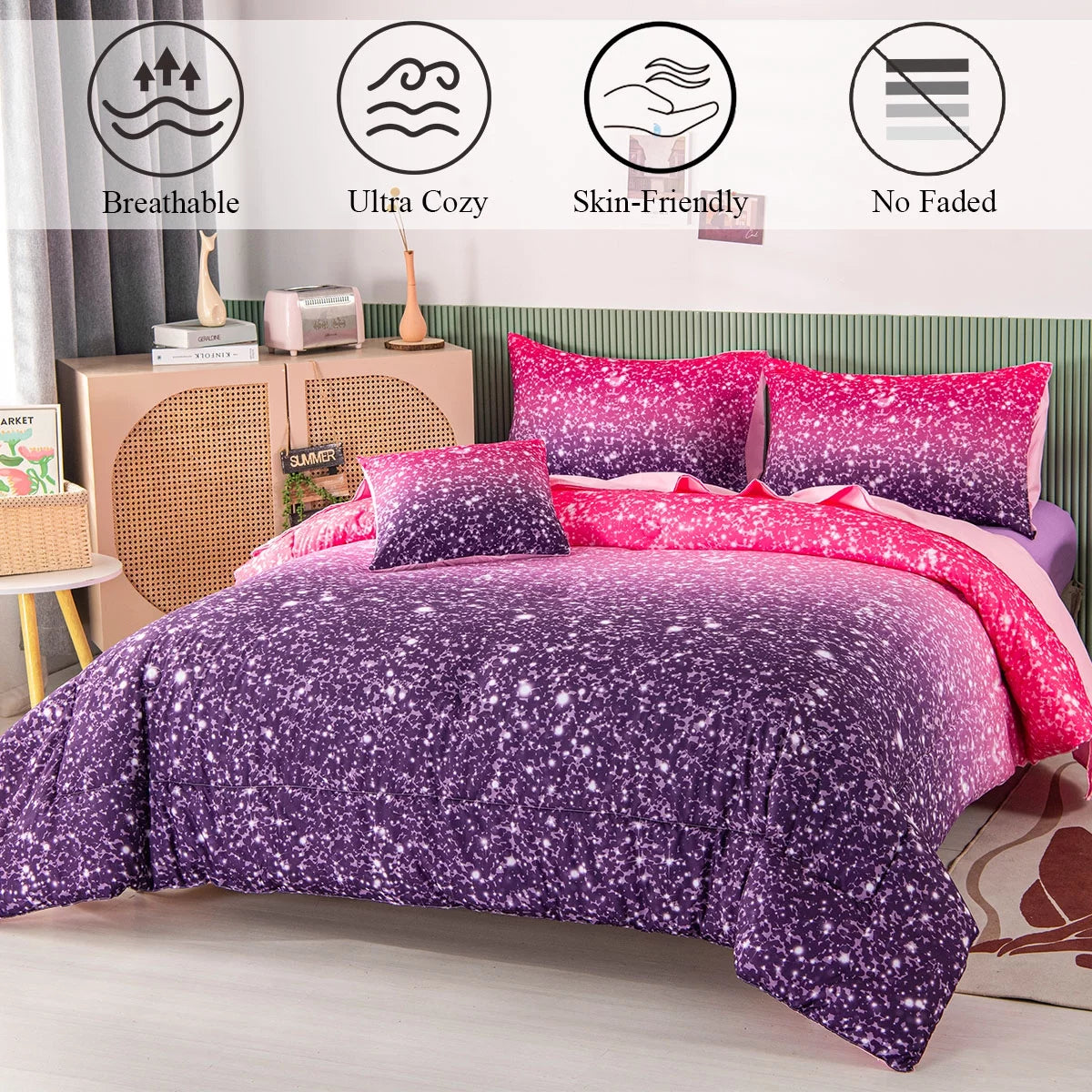 Twin Gradient Pink Purple Glitter Comforter Set for Girls V9183