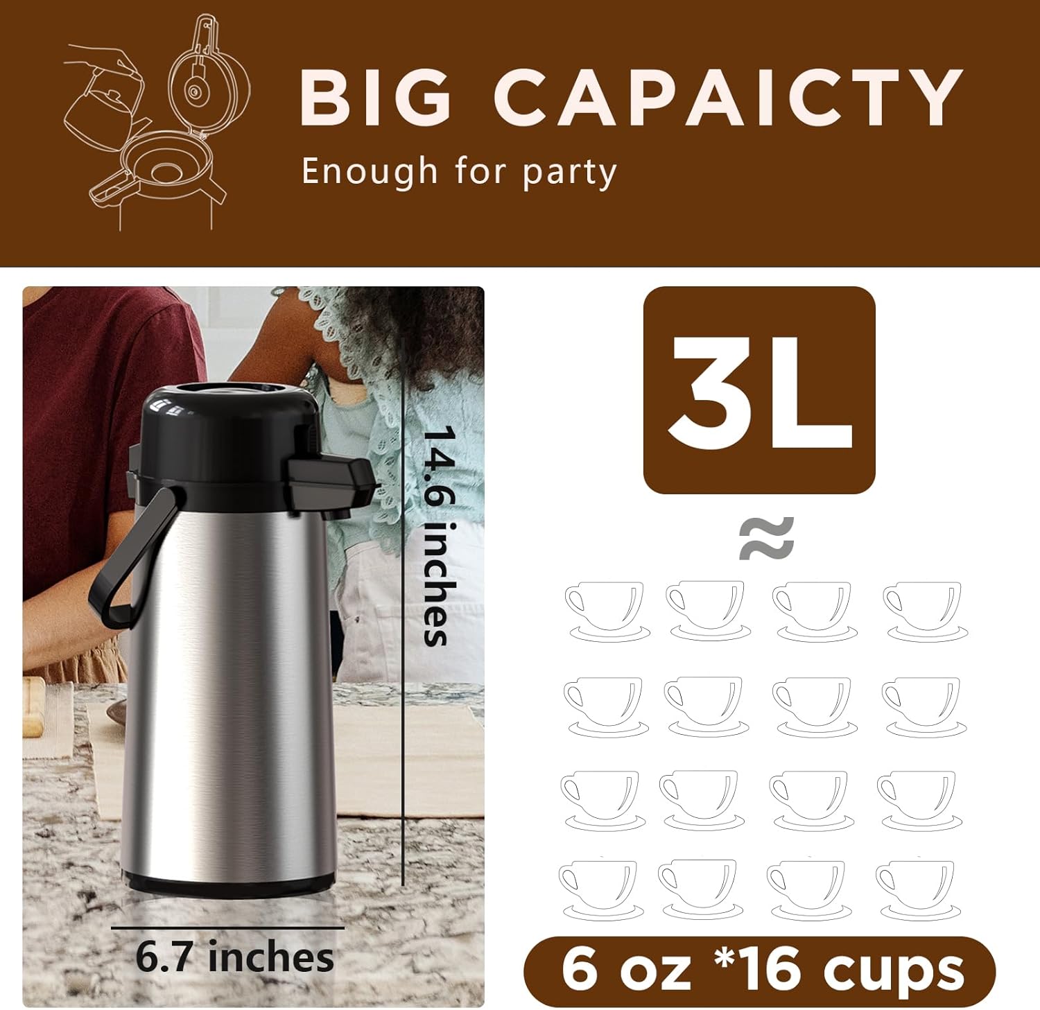 102oz Coffee Dispenser with Pump, Thermal Insulated Stainless Steel Carafe I78127