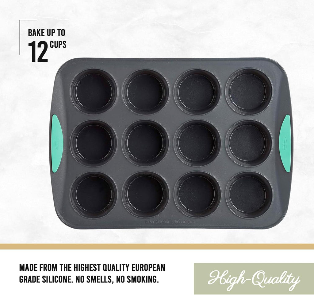 Silicone Muffin Pan, 12 Cup, Grey/Mint E487583