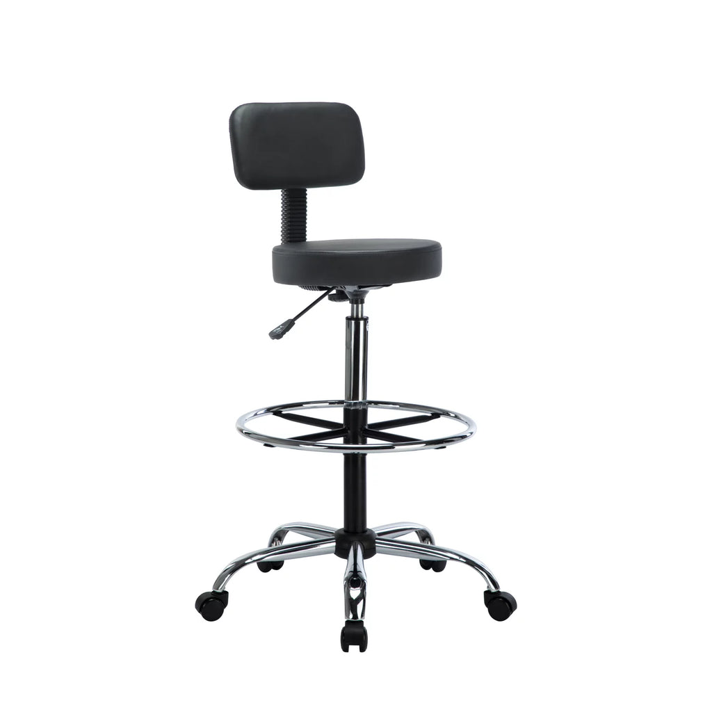 Height Adjustable Drafting Stool with Backrest, Faux Leather, Rolling Wheels D302274
