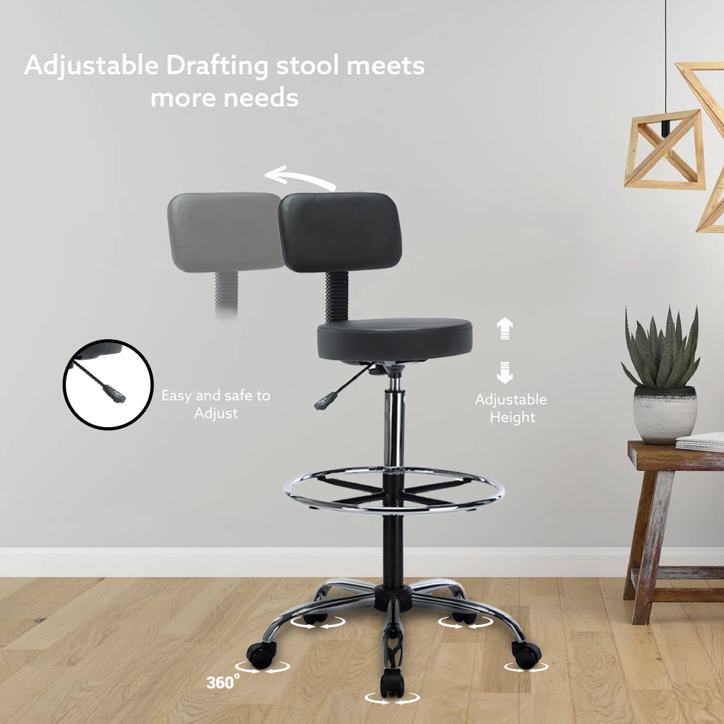 Height Adjustable Drafting Stool with Backrest, Faux Leather, Rolling Wheels D302274