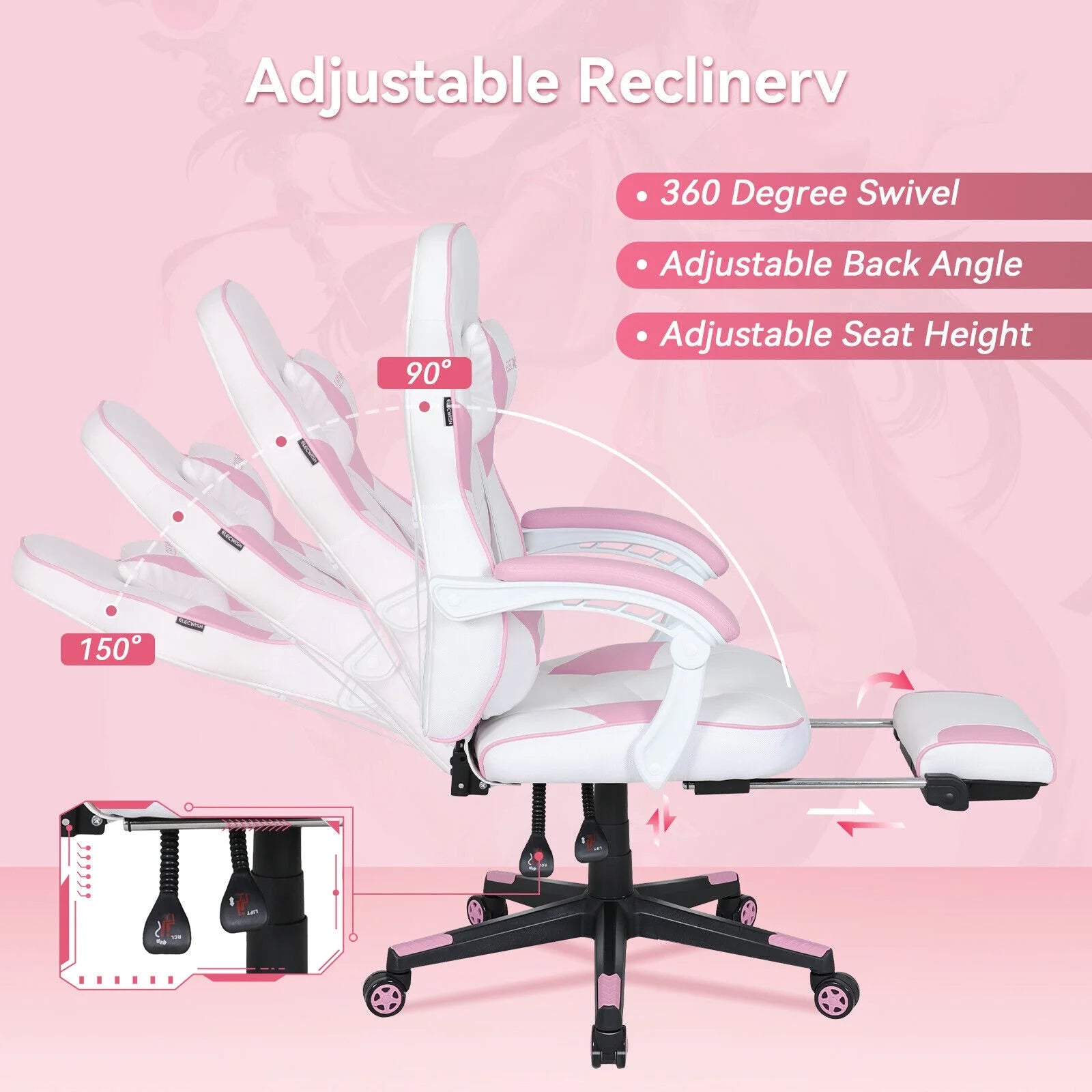 Pink Gaming Chair with Lumbar Support, Swivel Office Chair O5526