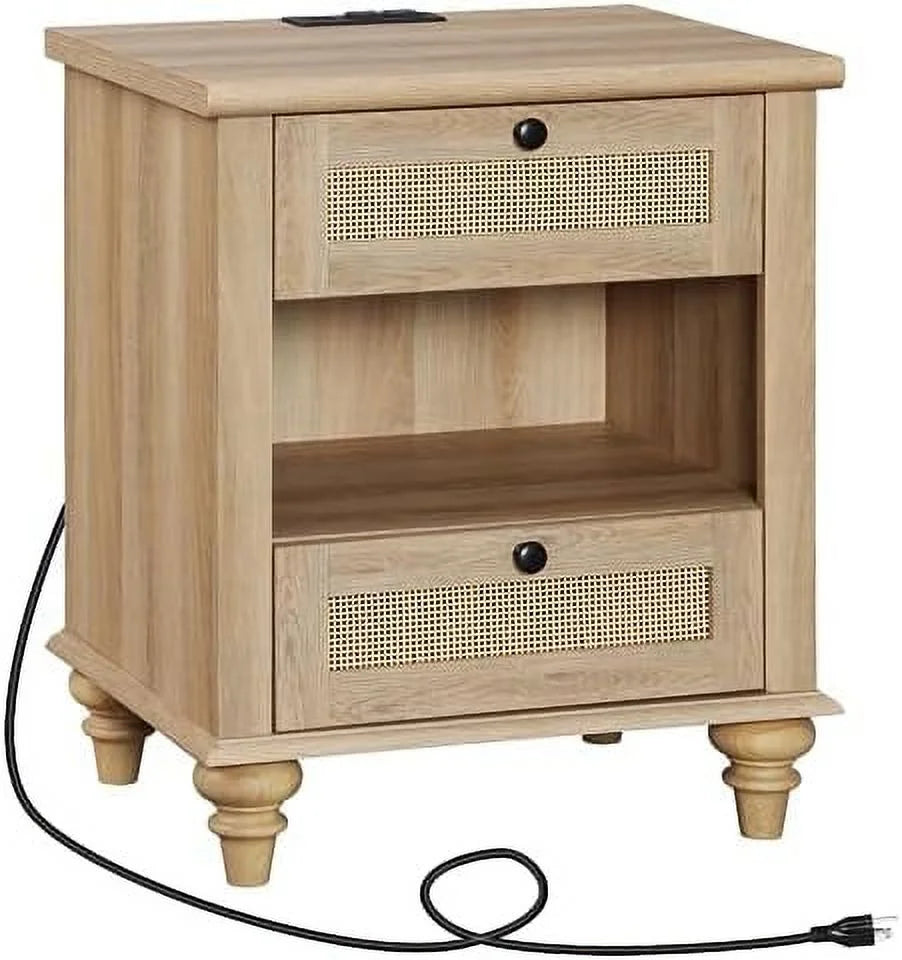Rattan Nightstand End Table with Charging Station and 2 Drawers T753