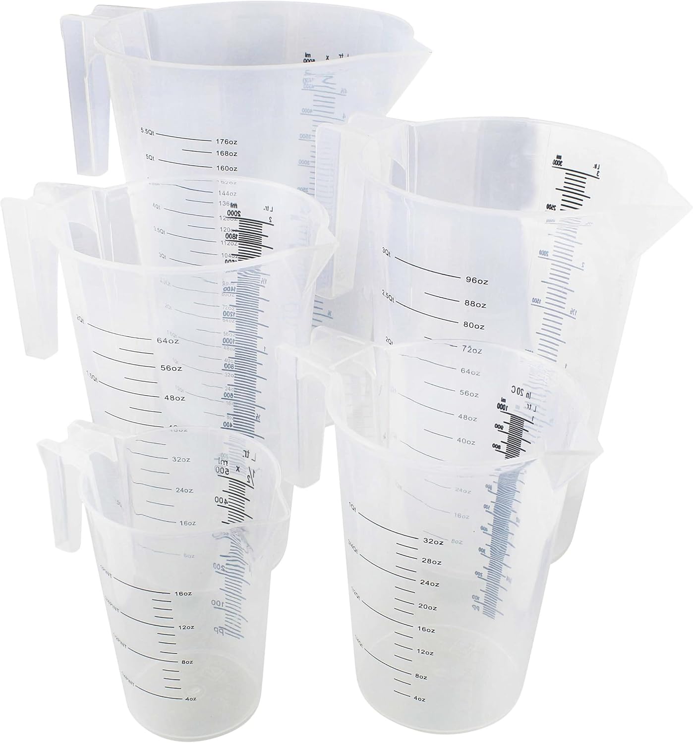 5 Piece Graduated Paint Mixing Pitchers, Quart and Gallon Sized Plastic Cups G821828