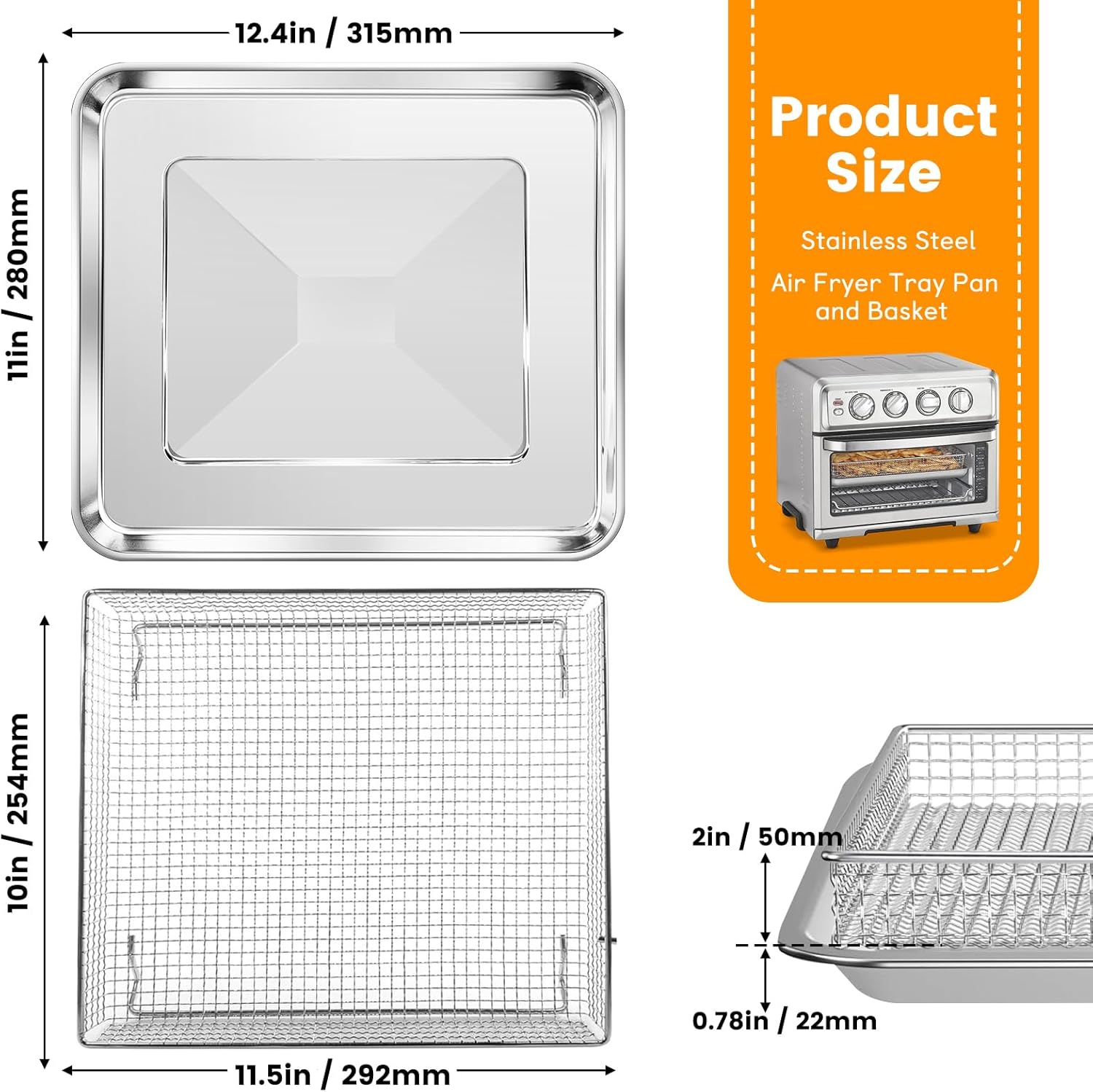 Air Fryer Basket Tray Replacement, 12.2 x 11 Inch Stainless Steel Mesh Rack, Dishwasher Safe A88100