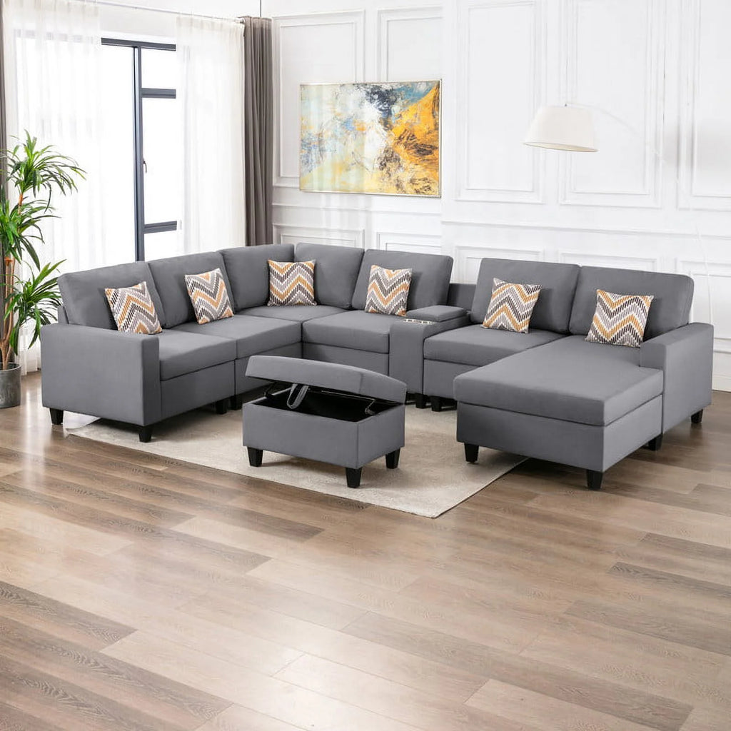 Gray Linen Fabric 8-Piece Reversible Chaise Sectional with USB Port Storage T7553