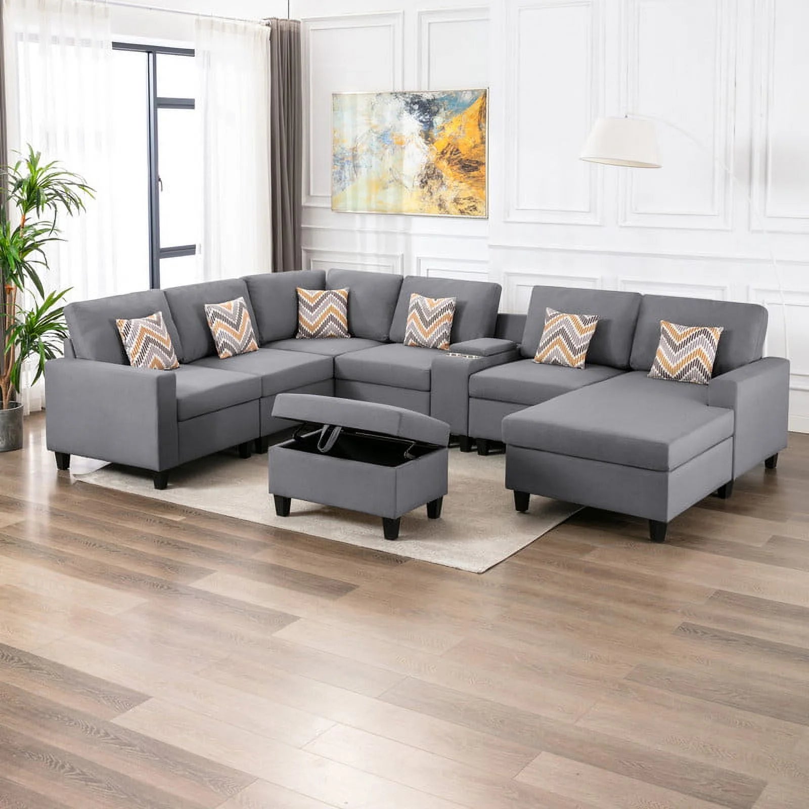 Gray Linen Fabric 8-Piece Reversible Chaise Sectional with USB Port Storage T7553