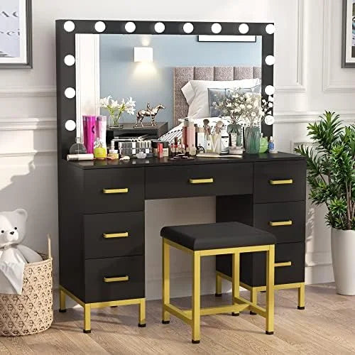 RUNFAYBIU Vanity Set with Lighted Mirror  44''  Vanity Dressing Table with 14PCS LED Bulbs  Vanity Desk with Cushioned Stool &amp; 7 Drawers for Bedroom(Black&amp;Retro Brown)