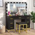 RUNFAYBIU Vanity Set with Lighted Mirror  44''  Vanity Dressing Table with 14PCS LED Bulbs  Vanity Desk with Cushioned Stool &amp; 7 Drawers for Bedroom(Black&amp;Retro Brown)