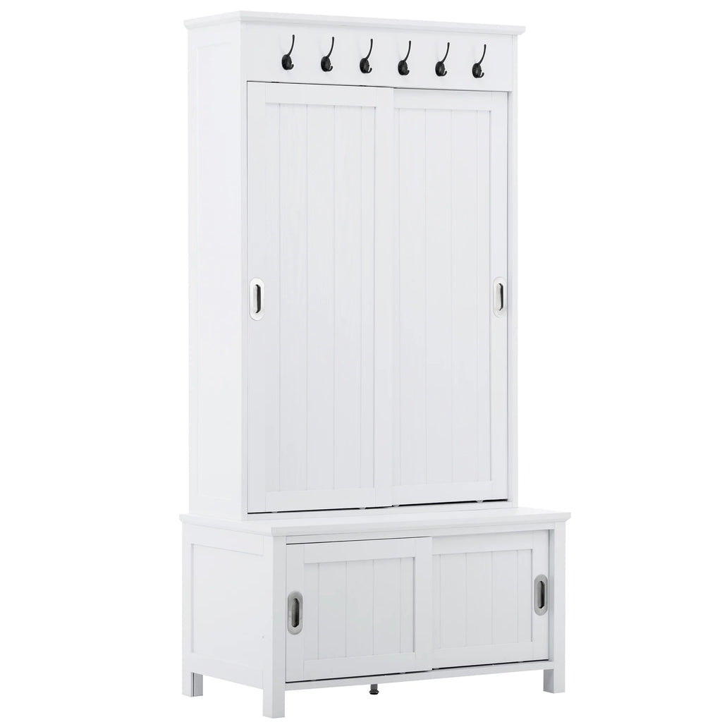 Hall Tree with Sliding Doors, Wooden Shoe Cabinet with Storage Bench and Shelves K116