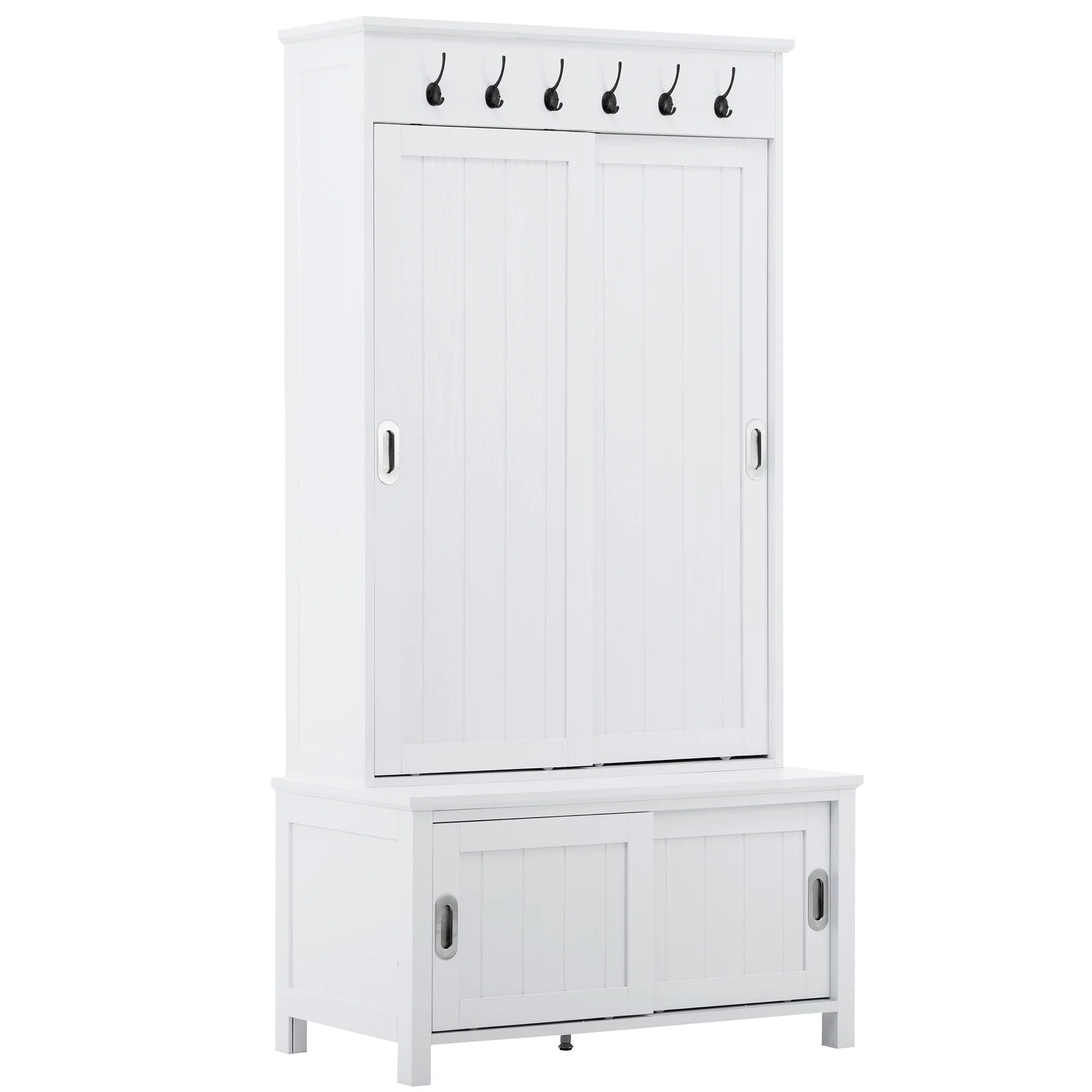 Hall Tree with Sliding Doors, Wooden Shoe Cabinet with Storage Bench and Shelves K116