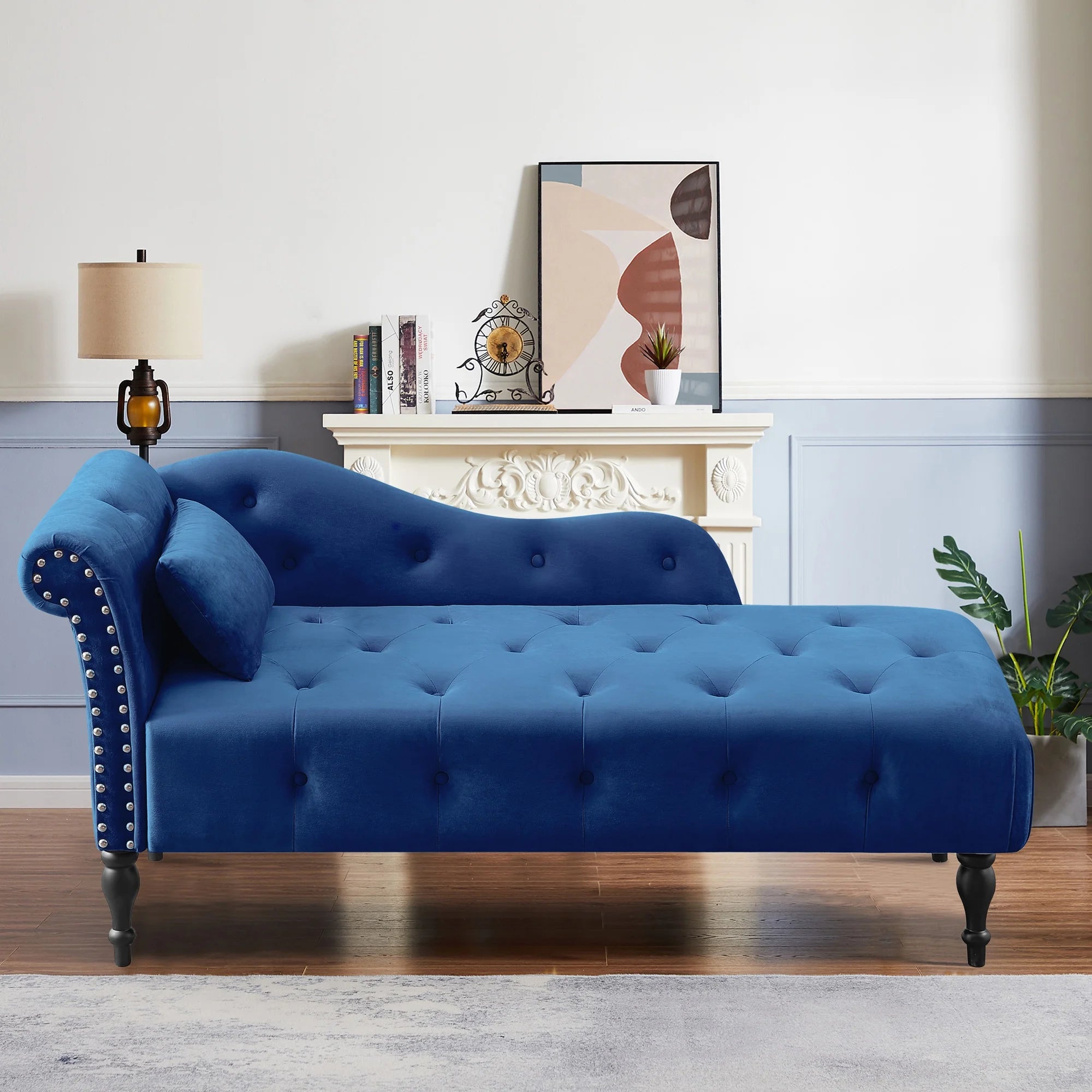 Modern Lounge Chaise Indoor, Upholstered Accent Chair with Button Tufted Seat and Solid Wooden Legs, Blue H5118
