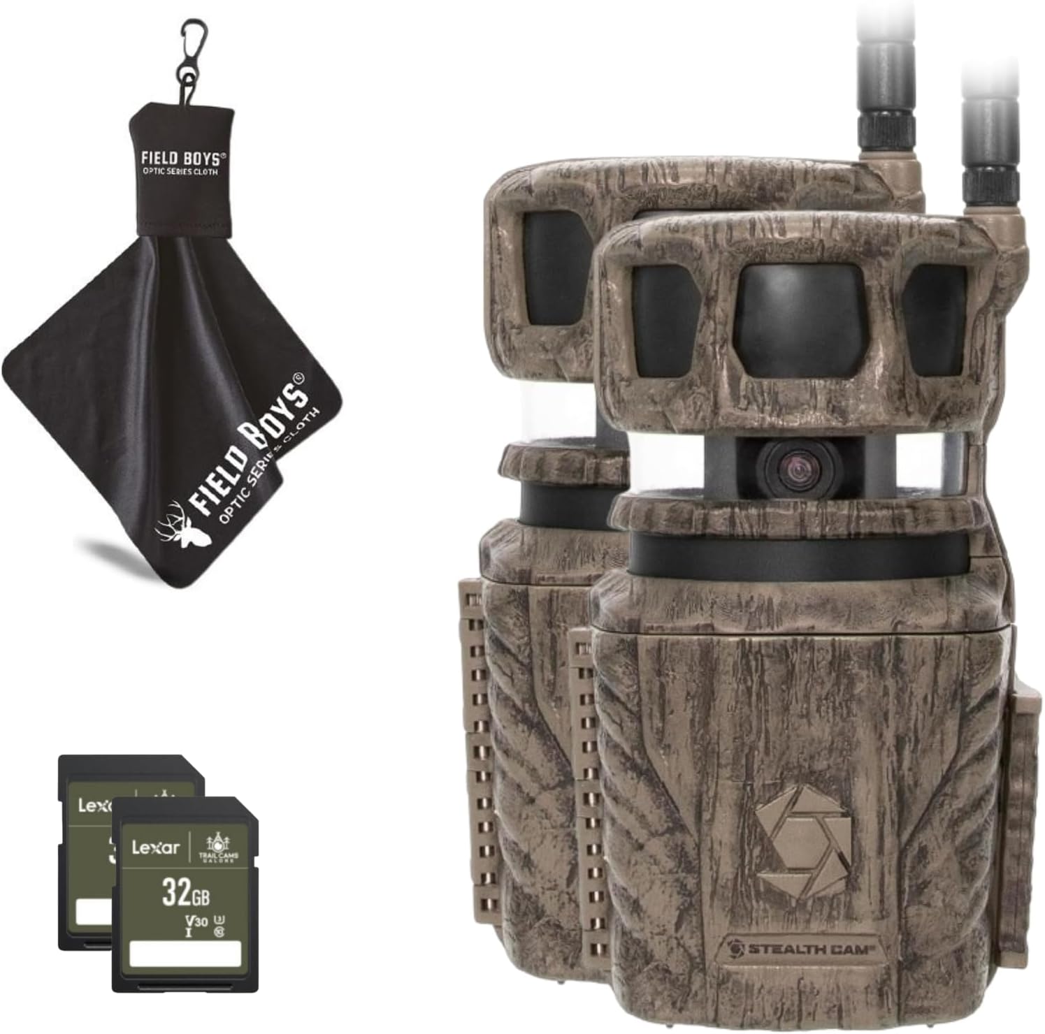 Stealth Cam Revolver 36MP Trail Camera with 1080P HD Video at 30 FPS, 0.4 Sec Trigger Speed, 360° Panoramic View, Built-in GPS, Verizon/AT&T Cellular (2pk), 32GB SD Cards, & Microfiber Cleaning Cloth